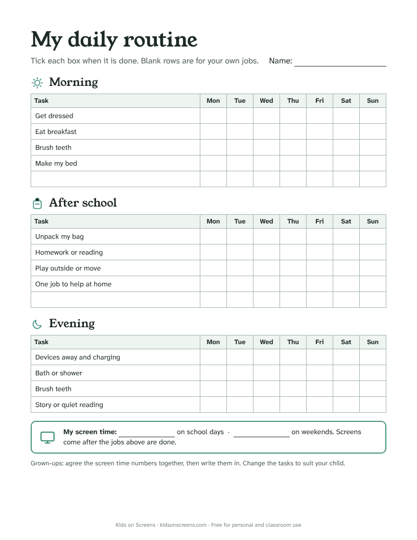 Preview of the printable: Free Printable Daily Routine Chart for Kids (With Screen Time Box)